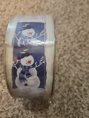 Premium Wired Ribbon 2.5” X 55 Yards White & Blue Glittery Shimmery Snowmen - Image 1 of 3