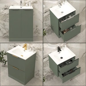 Modern Bathroom Vanity Unit Ceramic Basin Sink Cabinet Satin Green 600/700/800mm - Picture 1 of 23