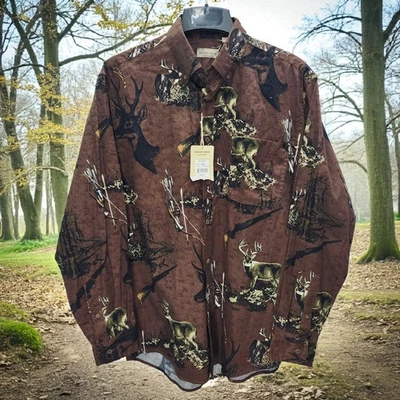 Rugged Earth Button Up Shirt Mens Medium Brown Deer Hunting All Over Print New - Image 1 of 4