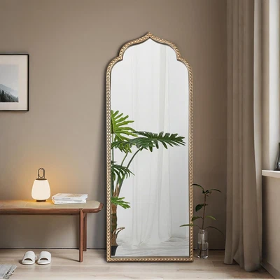 Espejo de arco grande, espejos de piso arqueados dorados de 20"X53" para vestir, cuentas de metal Foto 1 de 4