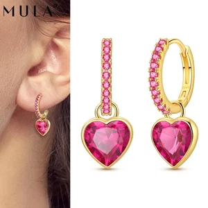 MULA European Golden Rose Heart Hoop Earrings 925 Sterling Silver Women Jewelry - Picture 1 of 6