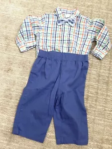 Baby Boys Nursery Rhyme Suit 9 12 M Plaid Button Up One Piece Blue Pants Bow Tie - Picture 1 of 12