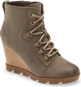 NEW SOREL Joan Uptown Lace-Up/Zip Waterproof Leather Wedge Boot US 8.5 Khaki II - Picture 1 of 15