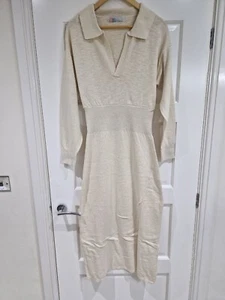 Free People Beach Cream Knit Dress Size S Long Sleeve Side Slit Collared NNT - Picture 1 of 12