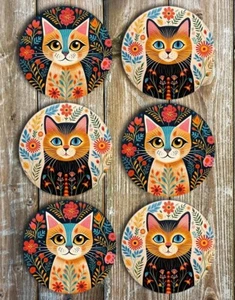 Floral Cats, Drink Coasters, Set Of 6 Non Slip Neoprene Novelty Coasters - Picture 1 of 5