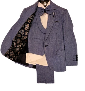 Formal Kids Toddler Boys Suit 5 pieces Set with Vest and bow tie (Blue) - Picture 1 of 5