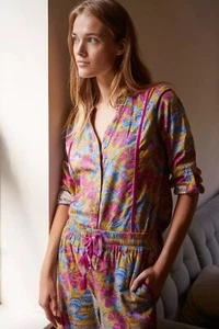 Anthropologie Small Floral Boho Pink Print Fleece Button-Down PJ Top or Blouse - Picture 1 of 11