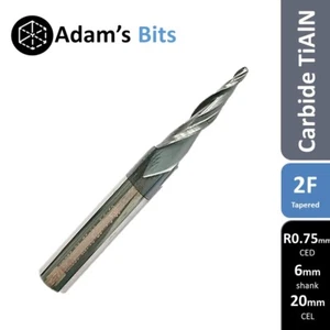 R0.75mm x 6mm x 20mm tapered ball nose 2 flute Carbide TiAlN end mill 3D - Picture 1 of 3