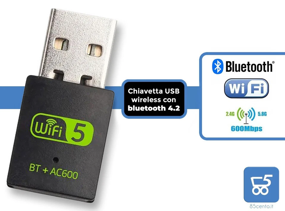 Adattatore USB WIFI Dual Band Bluetooth 4.2 600 mbps 2.4 GHz 5.8 GHz PC Computer - Immagine 1 di 4