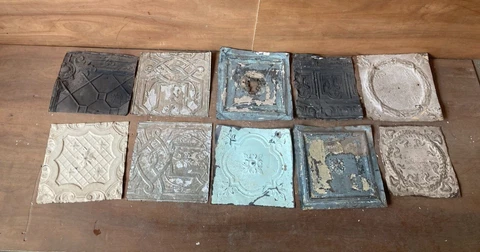 10 sq ft Antique Tin Ceiling Pieces Shabby Tile Chic Vtg Arts Crafts 84-23A Cover