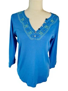 Alp N Rock Embroidered Henley Soft Top Sz XL Blue 3/4 Sleeve Iconic Skiing Knit - Picture 1 of 9