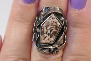 Vintage Handmade Studio Sterling Silver & Agate Ring - Size 5 - Picture 1 of 7