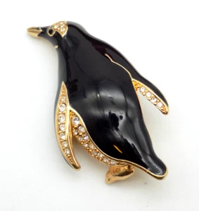 Vintage Swarovski Swan Logo Penguin Brooch Pin Black Enamel & Crystals - Picture 1 of 5