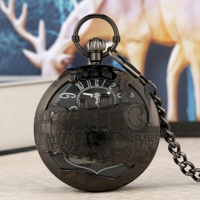 Black Hollow Hand Crank Musical Pocket Watch Locomotive Design Music Box Gifts - Image 1 of 4