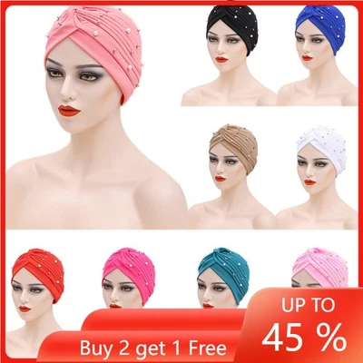 Muslim Women Pleated Beads Turban Hijab Hat Bonnet Head Wrap Headwear Chemo Cap - Image 1 of 4
