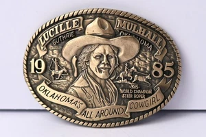 1985 Lucille Mulhall Guthrie Oklahoma Cowgirl Western Solid Brass Belt Buckle - Picture 1 of 4