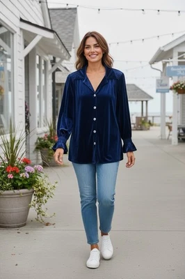 Camisa túnica top blusa Coldwater Creek terciopelo azul medianoche botón delantero PEQUEÑA Foto 1 de 4