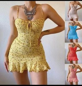 Women Mini Dress Floral Sleeveelss Summer Beach Ruffle Club Sundress Plus Size - Picture 1 of 1