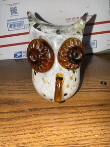 Art Glass Owl White Speckled Figurine Paperweight - Picture 1 of 5