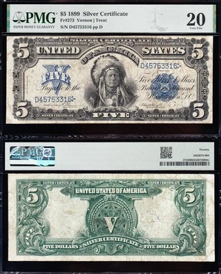 VERY NICE Bold & Crisp VF 1899 $5 "INDIAN CHIEF" Silver Certificate PMG 20! 3316 - Image 1 of 3