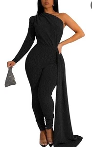 Women’s Black Shimmer One-Shoulder Long Sleeve Jumpsuit Size Small - Picture 1 of 5