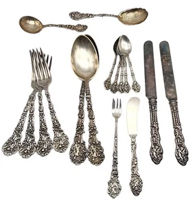 1888 Antique GORHAM Sterling Silver 17 Pc. Flatware Set Multi Motif,s - Picture 1 of 7
