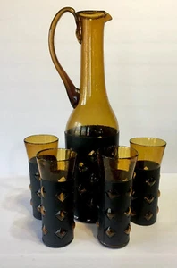Antique Handblown Glass Pitcher & Tumbler Set Bubble Hobnail Covered B Rare - Picture 1 of 8