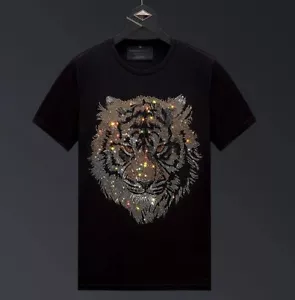 Neu Herren Luxus Tiger Strass Mode schwarz weiß T-Shirt hochwertig - Bild 1 von 14