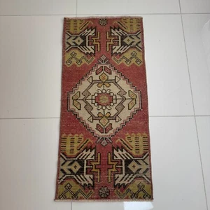Oriental Handwoven Wool Turkish Accent Rug, 1x3 ft Vintage Oushak Carpet - Picture 1 of 10