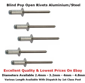 2.4mm 3.2mm 4mm 4.8mm Blind Aluminium Pop Rivets Steel Dome Head Open End 15977 - Picture 1 of 5