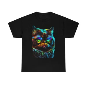 Persian Cat Wearing Sunglasses T-shirt - Men or Women - Unisex Heavy Cotton Tee - Picture 1 of 6