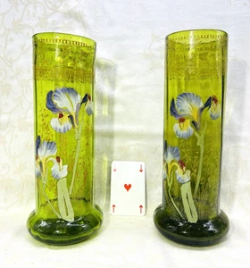 LEGRAS 2 ENAMELLED GLASS VASE EMAILLE FLEURS IRIS ART NOUVEAU JUGENDSTIL 19EME C - Imagen 1 de 10