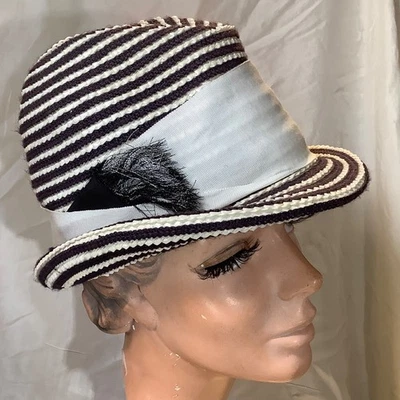Sombrero Vintage Sonni Rayas Negro Blanco Paja Fedora Trilby Espiral Funky Artístico Años 70 Foto 1 de 4