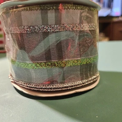 1 Roll RG Ribbon  2.5 in x 10 yds, Gray Plaid with Green and Silver - Image 1 of 3