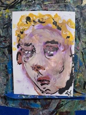 Pintura acrílica triste con aspecto de rostro masculino ATC ORIGINAL 3,5 x 2,5 pulgadas Foto 1 de 3