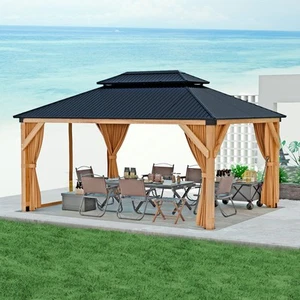 Hardtop Wood Gazebo 12'x16' Wooden Frame with Double Metal Roof,Net & Curtain US - Picture 1 of 7