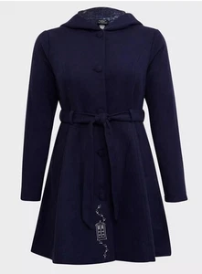 Her Universe Doctor Who TARDIS Blue Hooded Fit & Flare Woolen Trench Jacket 0/12 - Picture 1 of 12