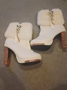 White Womens Studded High Heel Ankle Boots Furry Booties Shoes Size 37 - Picture 1 of 4