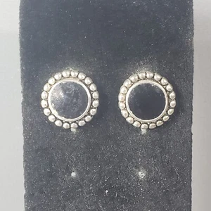 Studded Shield Button Earrings Silver Tone Black Retro Mid Century Modernist .5" - Picture 1 of 9
