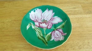 Orion Japan Floral Pink on Green SAUCER Hand Painted Gold Scalloped Rim 5 3/8 " - Picture 1 of 4