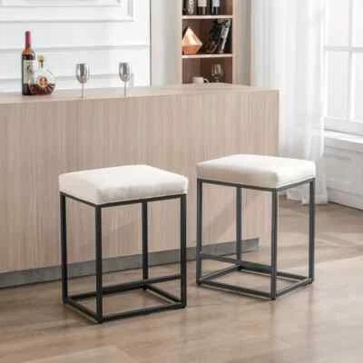 White Linen Counter Height Bar Stools, Backless Upholstered for Kitchen/Bar Pub - Image 1 of 4
