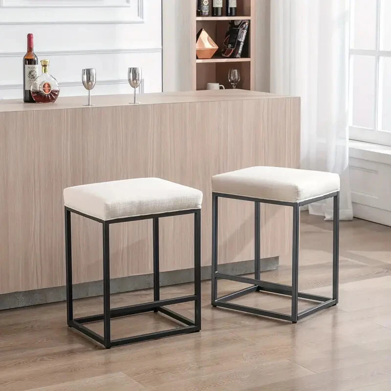 White Linen Counter Height Bar Stools, Backless Upholstered for Kitchen/Bar Pub - Image 1 of 4