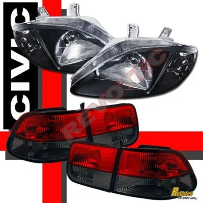 Faros y luces traseras negros para Honda Civic 99-00 cupé de 2 puertas JDM humo rojo Foto 1 de 4