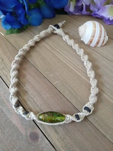 Phat Hemp Necklace 18 Inches, Green Glass Bead Pendant, 1/2 Inch Thick Twist  - Picture 1 of 9