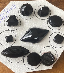 10 vintage fancy black glass buttons, faceted, different shapes, clover, square - Picture 1 of 7