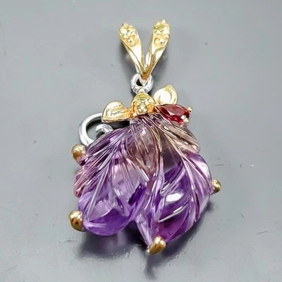 雕刻 25 克拉天然紫水晶吊坠 925 纯银 /B-P0734 — 第 1/4 张图片