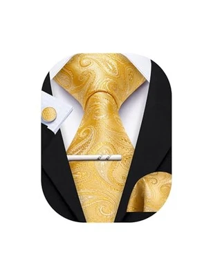  Conjunto de corbatas para hombre boda cachemira con pañuelo gemelos amarillo Foto 1 de 4