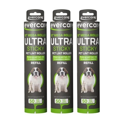 Evercare Mega Lint Roller Refills 150 Sheets 3 Pack Ultra Sticky Pet Hair Rem...