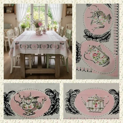 RARE Vtg Tablecloth TEA PARTY printed cotton PINK Porcelain Pots Cottage Table - Image 1 of 4