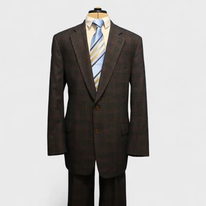 Paul Stuart 2 Piece Suit 45 XL Brown Plaid Super 120s Flannel Wool Full Canvas - Picture 1 of 18